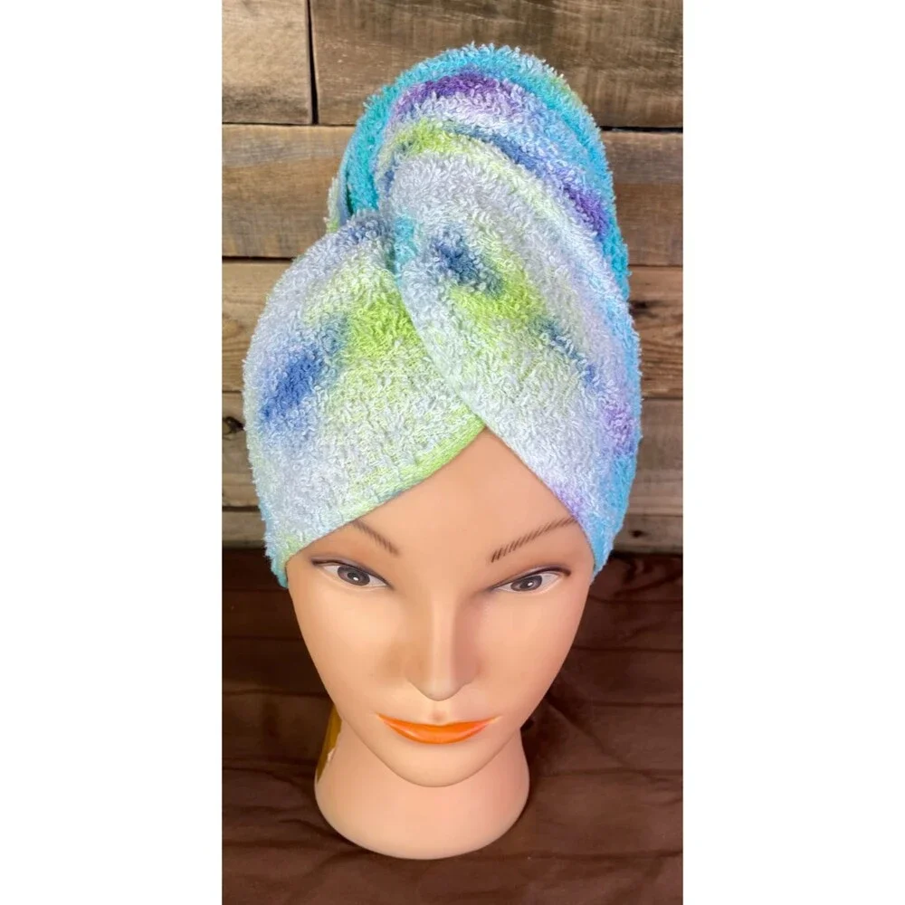Tie Dye Hair Wrap Towel Soft 100% Cotton Teal Purple Yellow Handmade 20X40 in